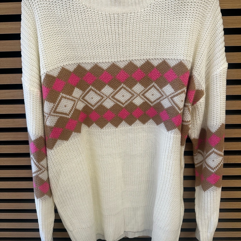 Vine & Love Argyle Knit Sweater - Cream, Pink, and Brown